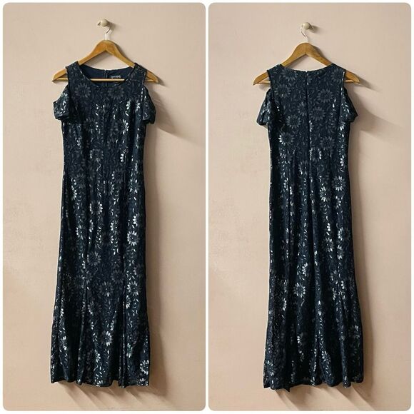 Enfocus Studio Navy Lacey Floral Metallic Cold-Shoulder Maxi Dress Size 4 GUC - Picture 1 of 11